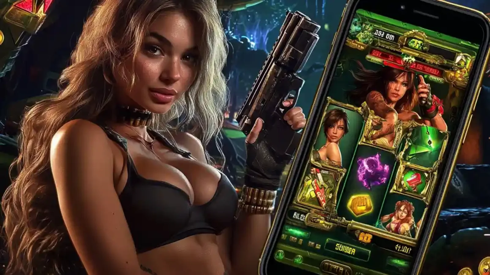 Woman with futuristic gun holding mobile phone with slot game interface