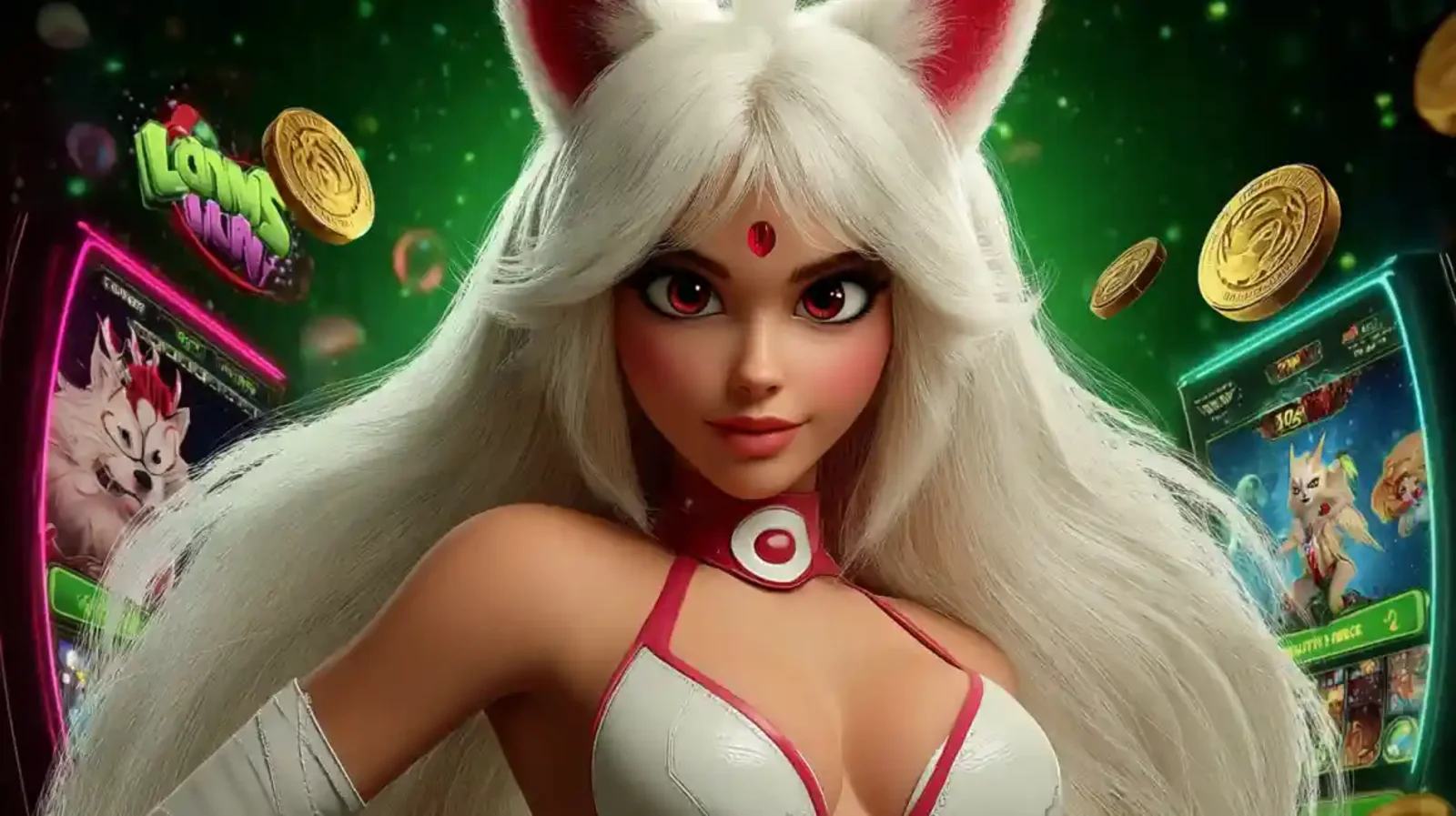 White-haired fox girl character with casino slot machines and golden coins